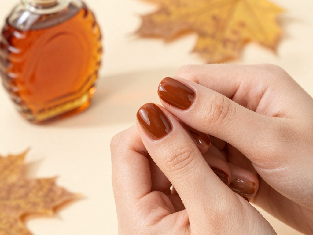 November nail design in warm maple syrup brown