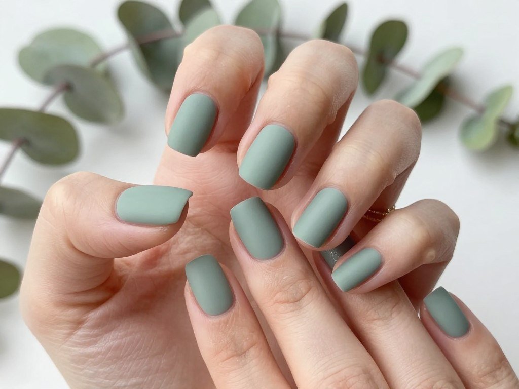 November nail ideas in earthy sage green matte finish