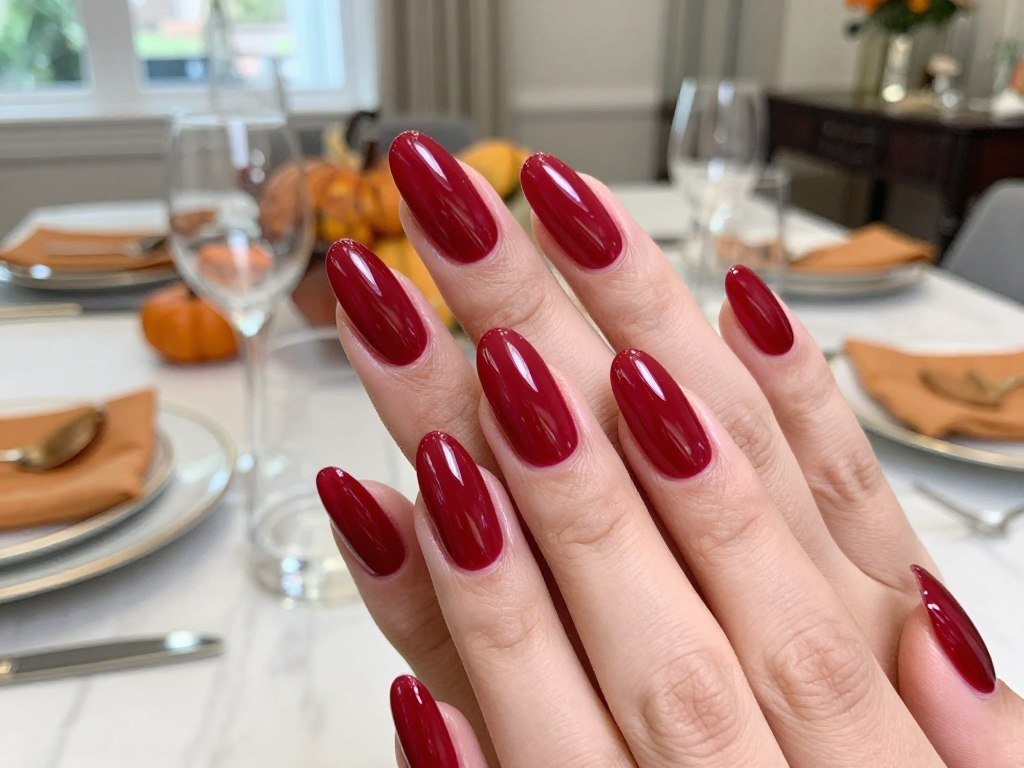 November nail ideas in glossy cranberry red