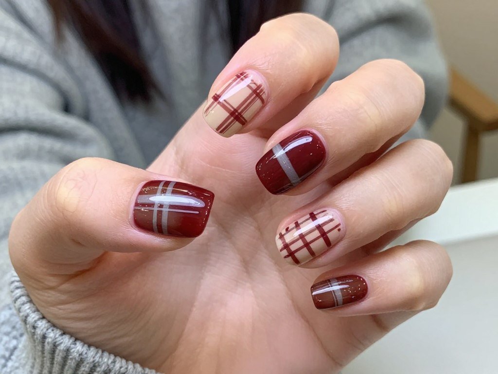 November nail ideas showing moody plaid pattern in fall colors