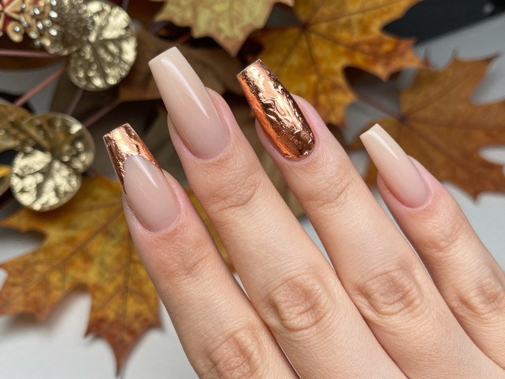 November nail ideas with copper foil accent design