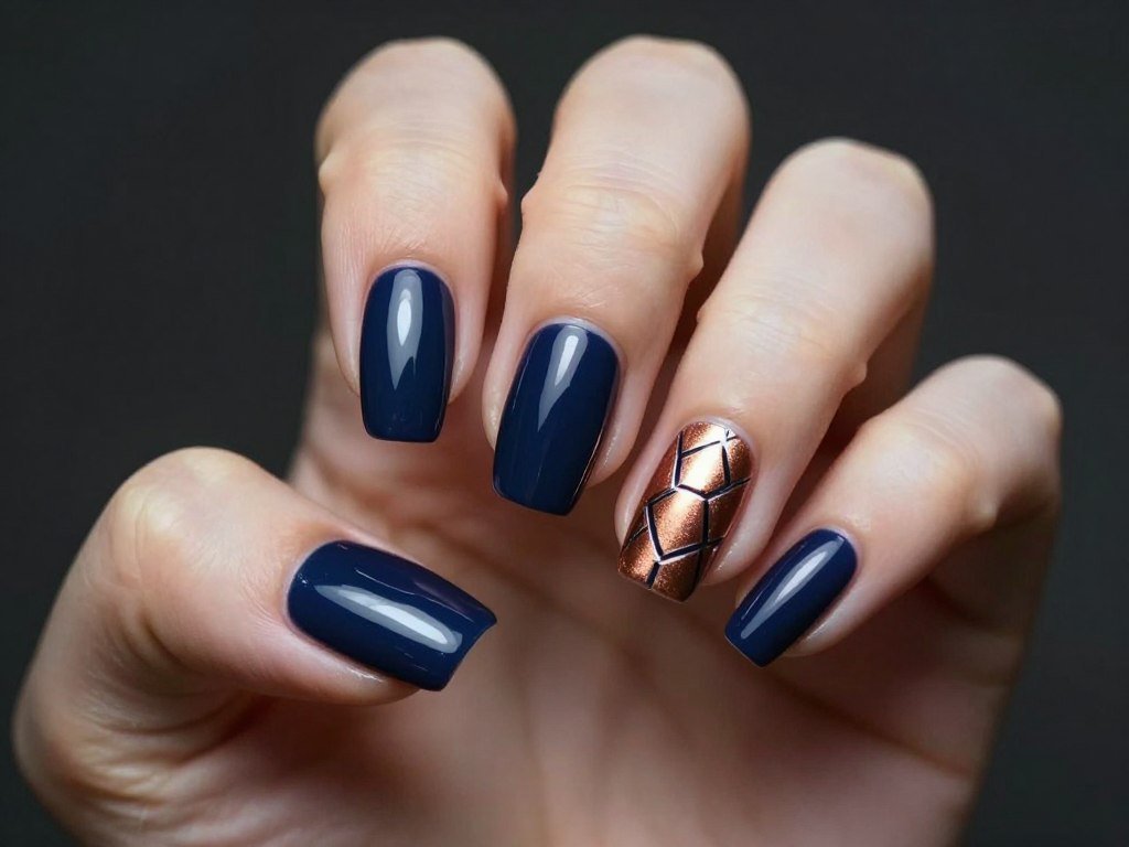 November nails combining navy blue and copper metallic