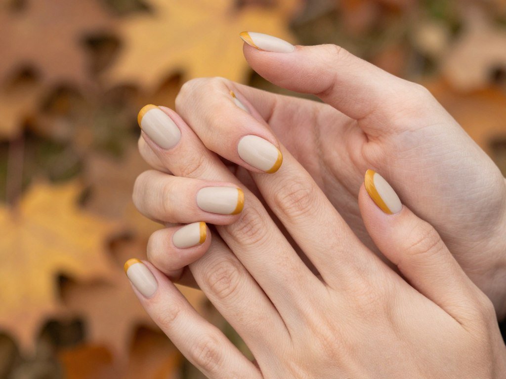 November nails featuring mustard yellow accent nail design with neutral base