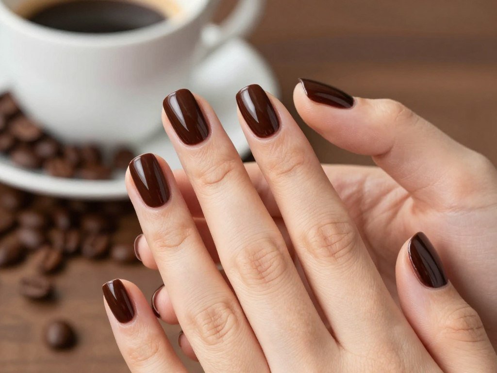 November nails in deep espresso brown with glossy finish
