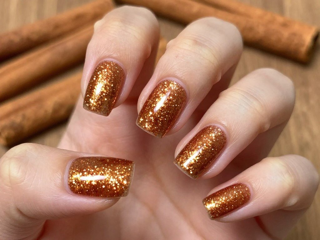 November nails with cinnamon spice glitter design