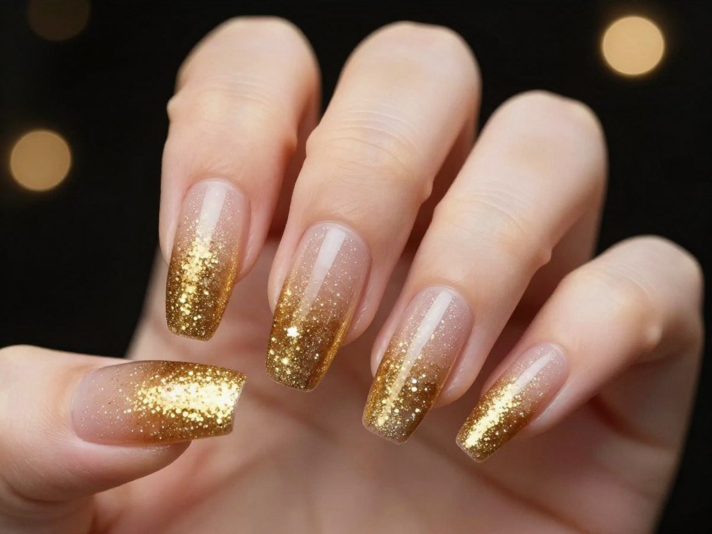 November nails with golden glitter gradient design