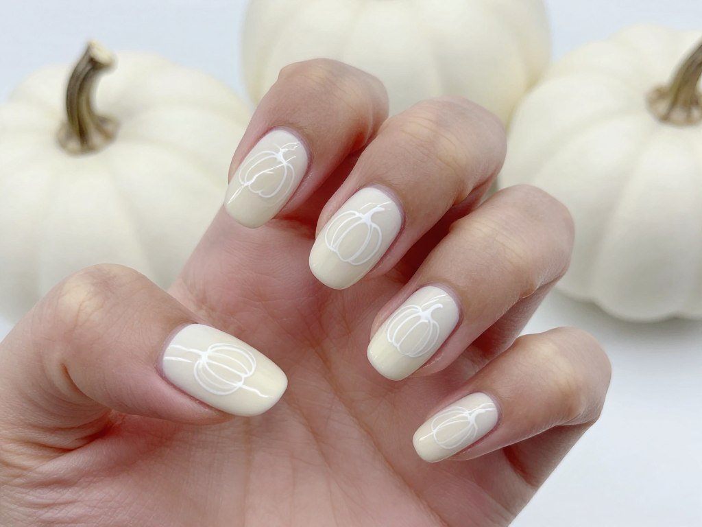 November nails with minimalist white pumpkin nail art