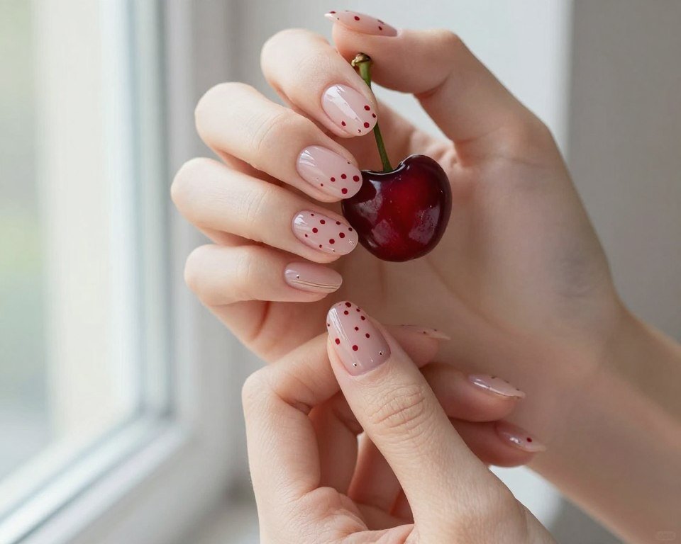 Nude nails with cherry red accent designs