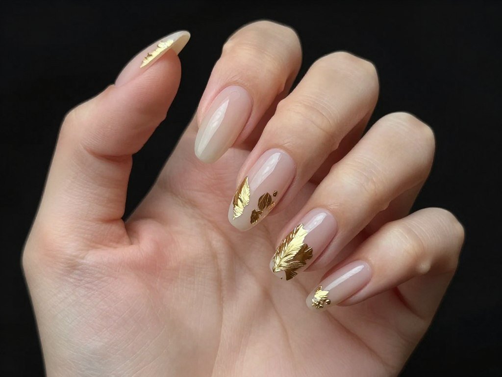 Nude nails with gold foil accents