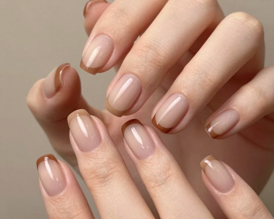 Nude to brown gradient French tips showing natural tones