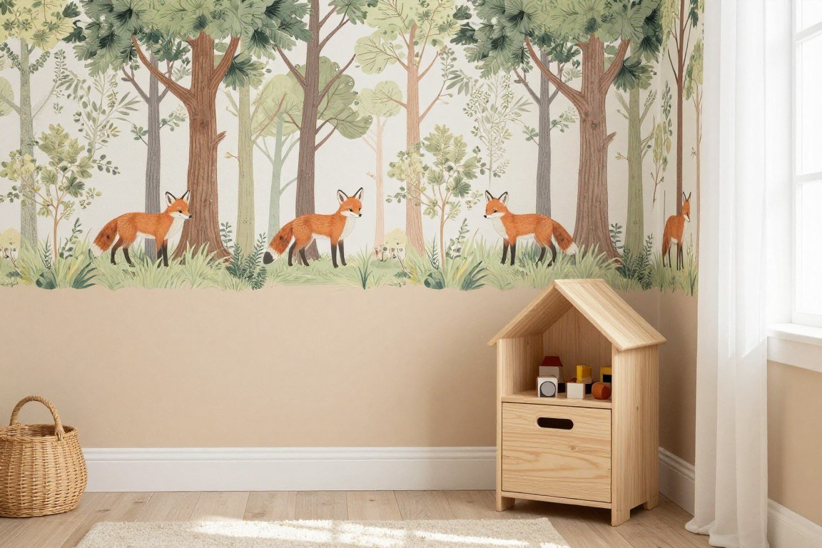 Nursery corner showing woodland creature wallpaper above neutral beige paint