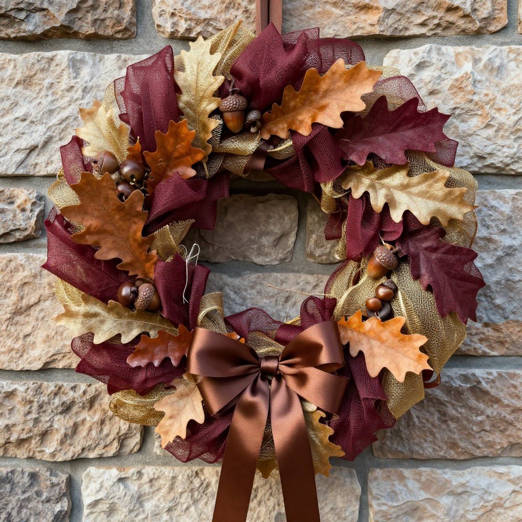 Oak leaf and acorn themed fall mesh wreath