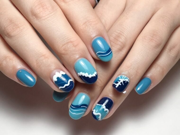 Ocean waves June nails design with blue gradient and white foam details