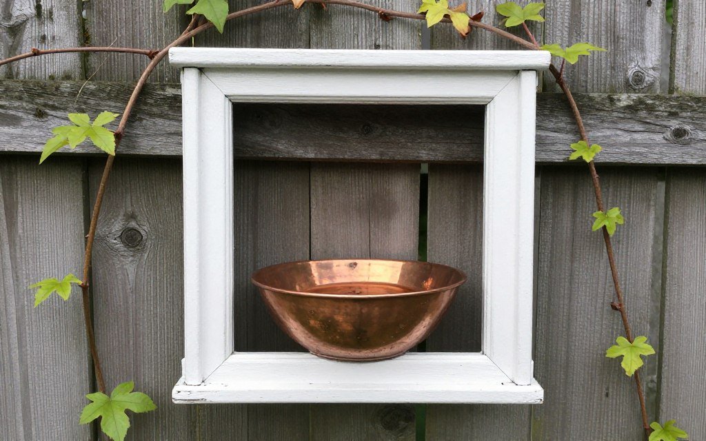Old window frame repurposed as wall-mounted bird bath