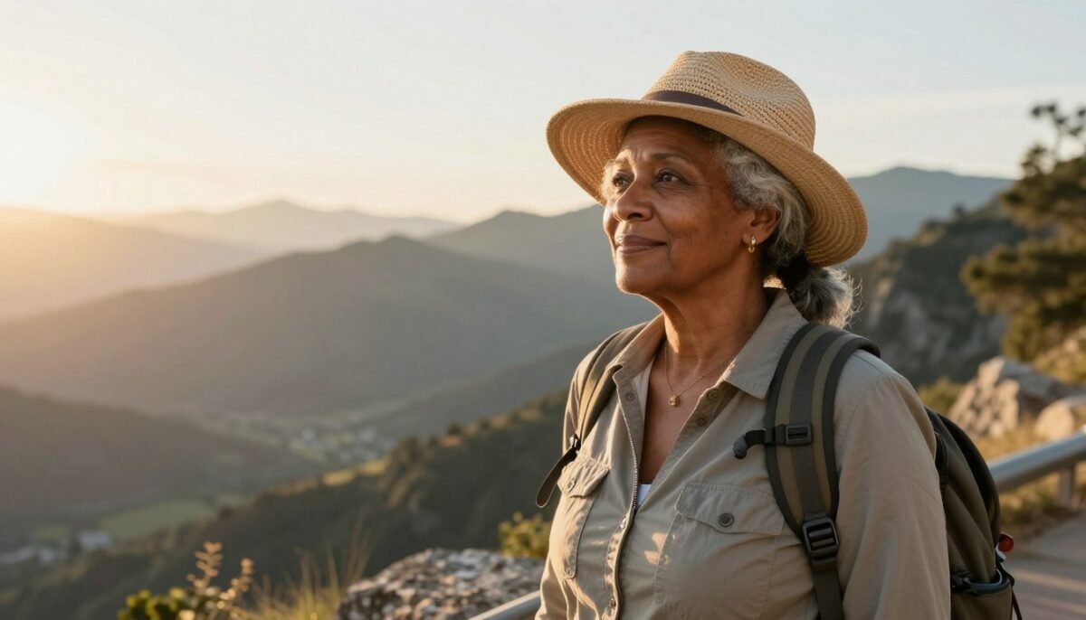 Older Black woman Audrey traveling with gray hair