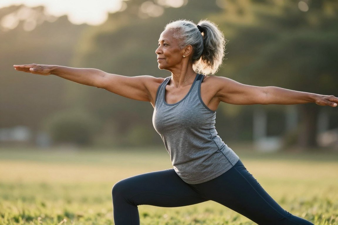 Older Black woman Catherine in athletic wear with gray hair in sporty style