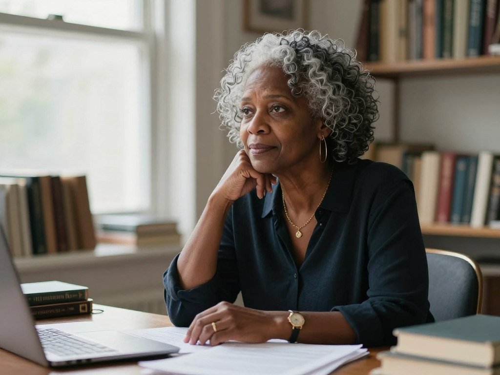 Older Black woman Claudia writing with gray hair in study