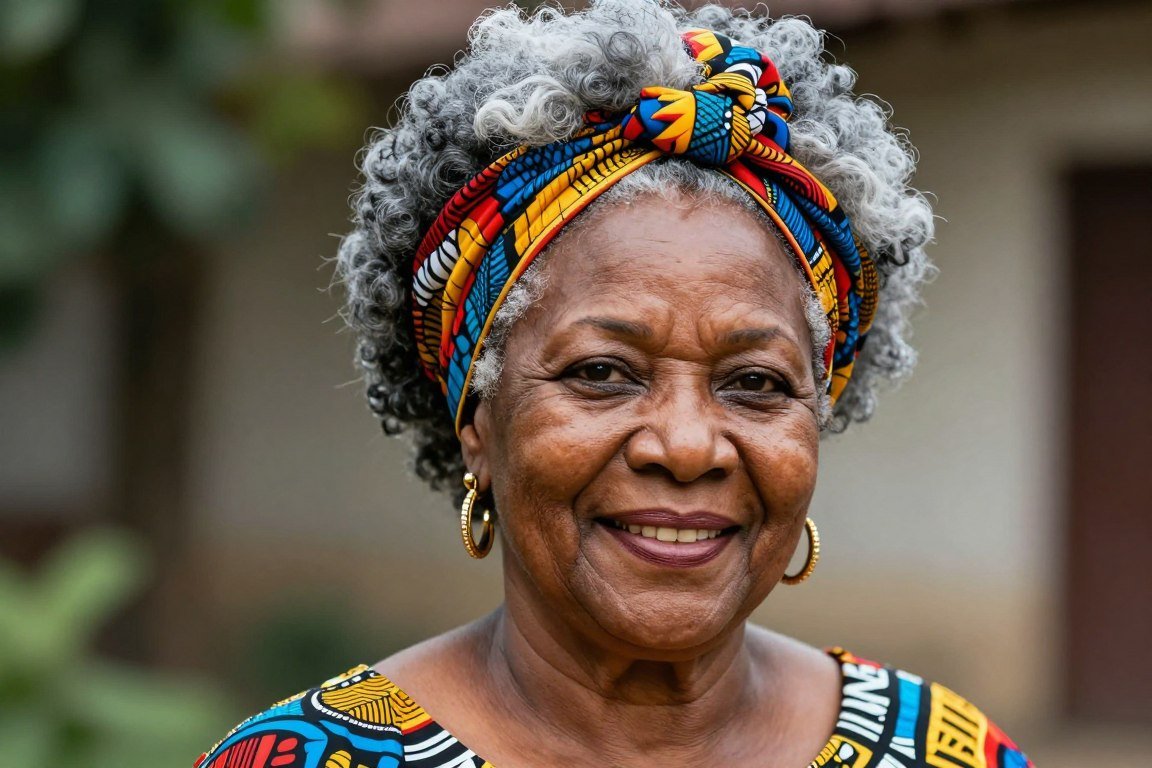 Older Black woman Diana with natural gray afro hairstyle