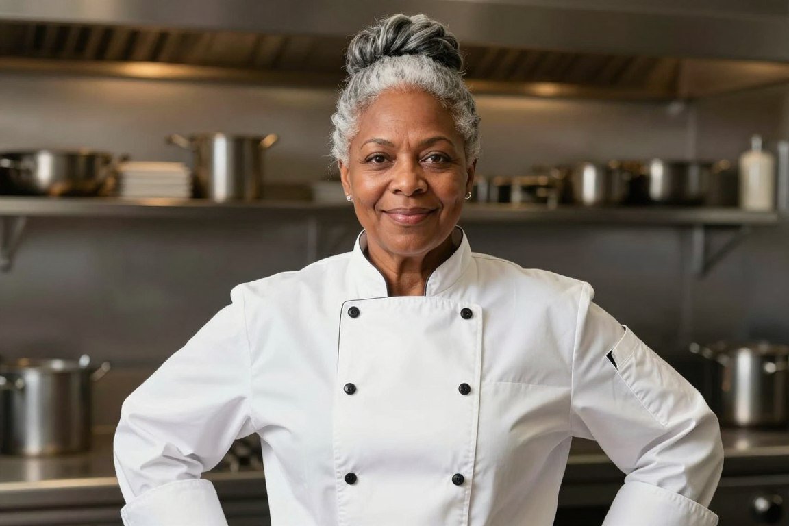 Older Black woman Dorothy in restaurant kitchen with gray hair