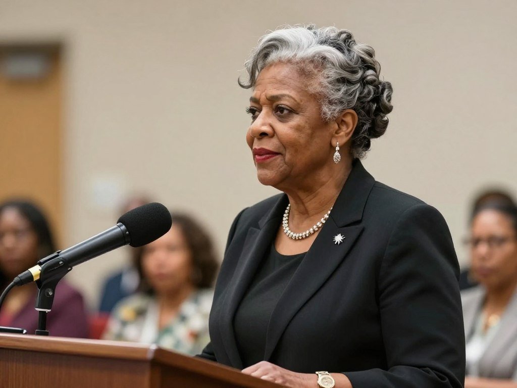 Older Black woman Evelyn speaking at community event with gray hair