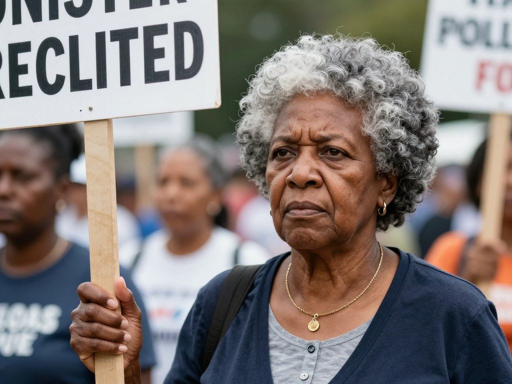 Older Black woman Frances at protest with gray hair