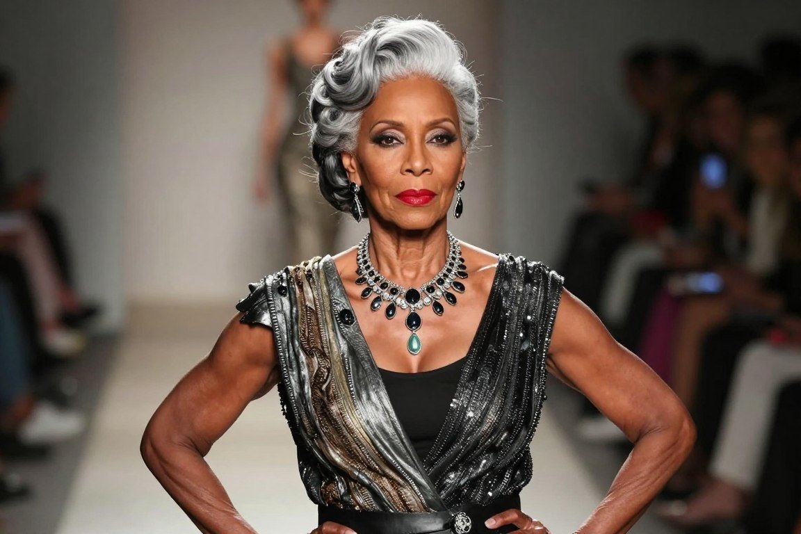 Older Black woman Gloria in fashionable outfit with styled gray hair