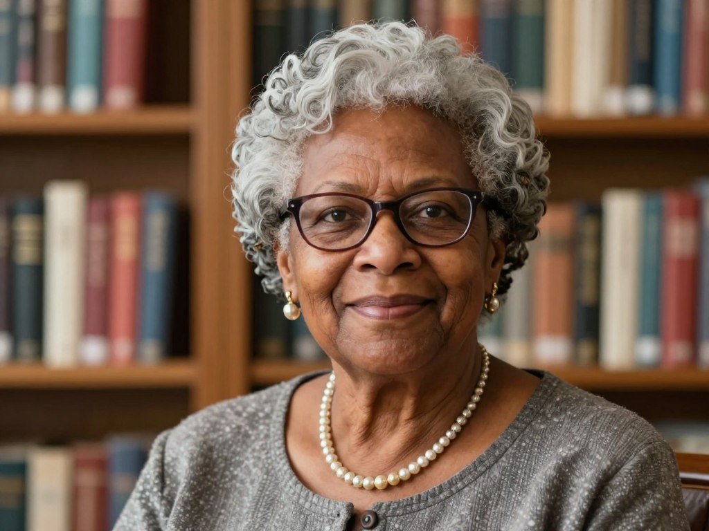 Older Black woman Harriet teaching with gray hair in classroom setting