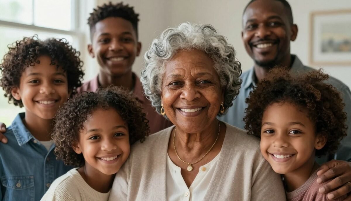 Older Black woman Helen with grandchildren and gray hair