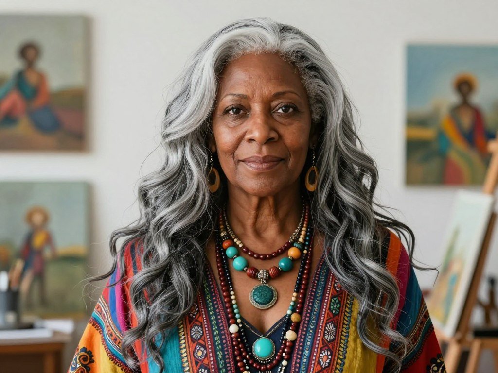 Older Black woman Josephine with artistic gray hairstyle and bohemian style