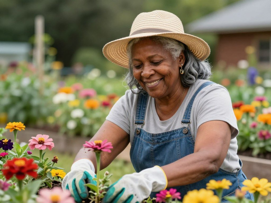 Older Black woman Lillian gardening with gray hair