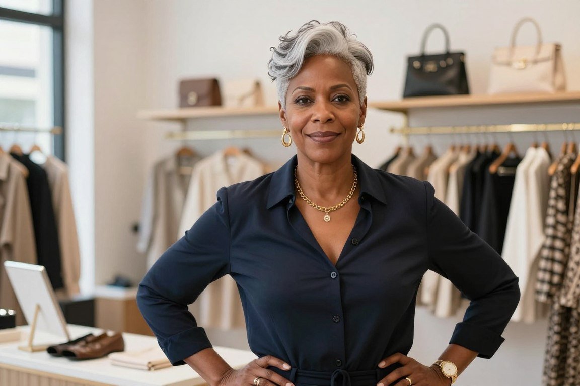 Older Black woman Lorraine in her business with gray hair