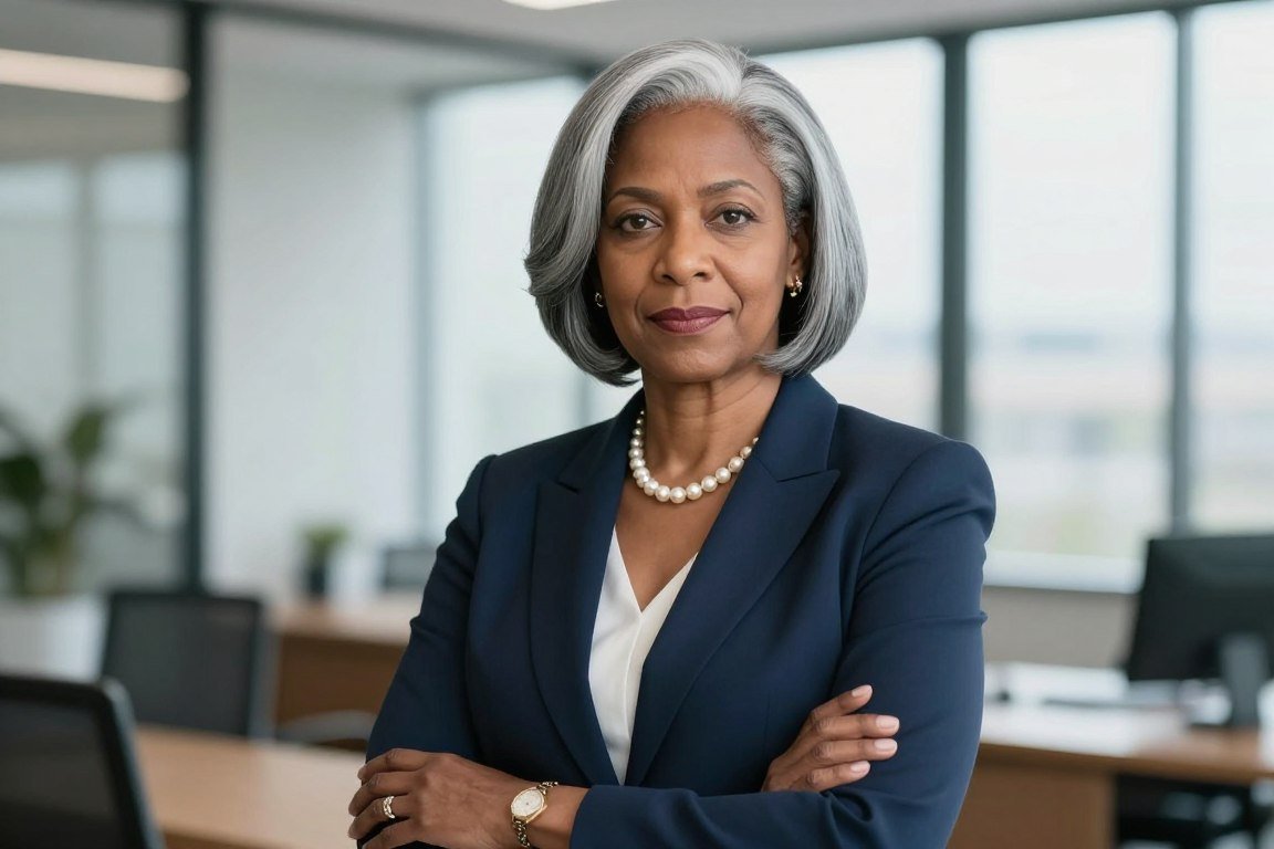 Older Black woman Margaret in business attire with gray hair