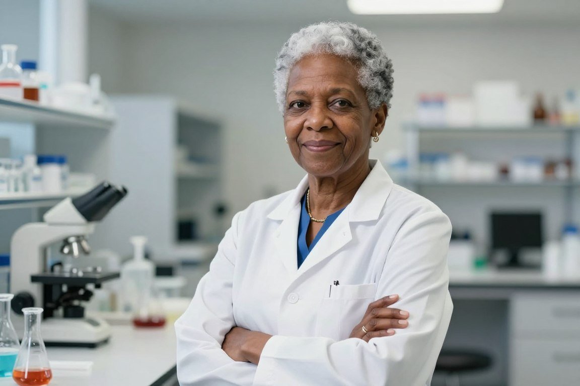 Older Black woman Maxine in laboratory with gray hair