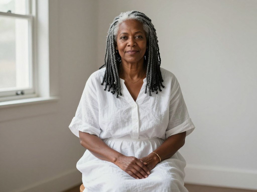 Older Black woman Patricia with long gray locs