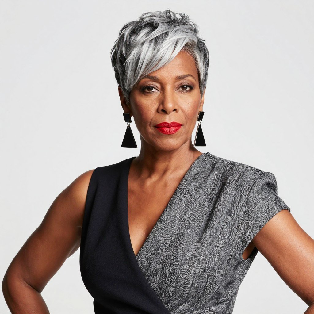 Older Black woman Ruth with short pixie cut gray hair
