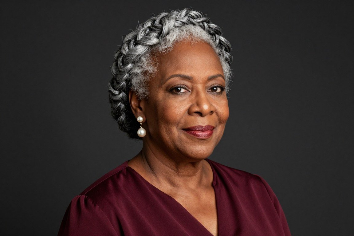 Older Black woman named Eleanor with silver crown braid hairstyle