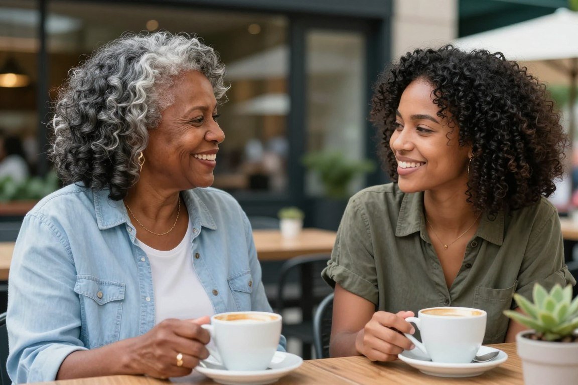 Older Black woman with gray hair talking to younger Black woman