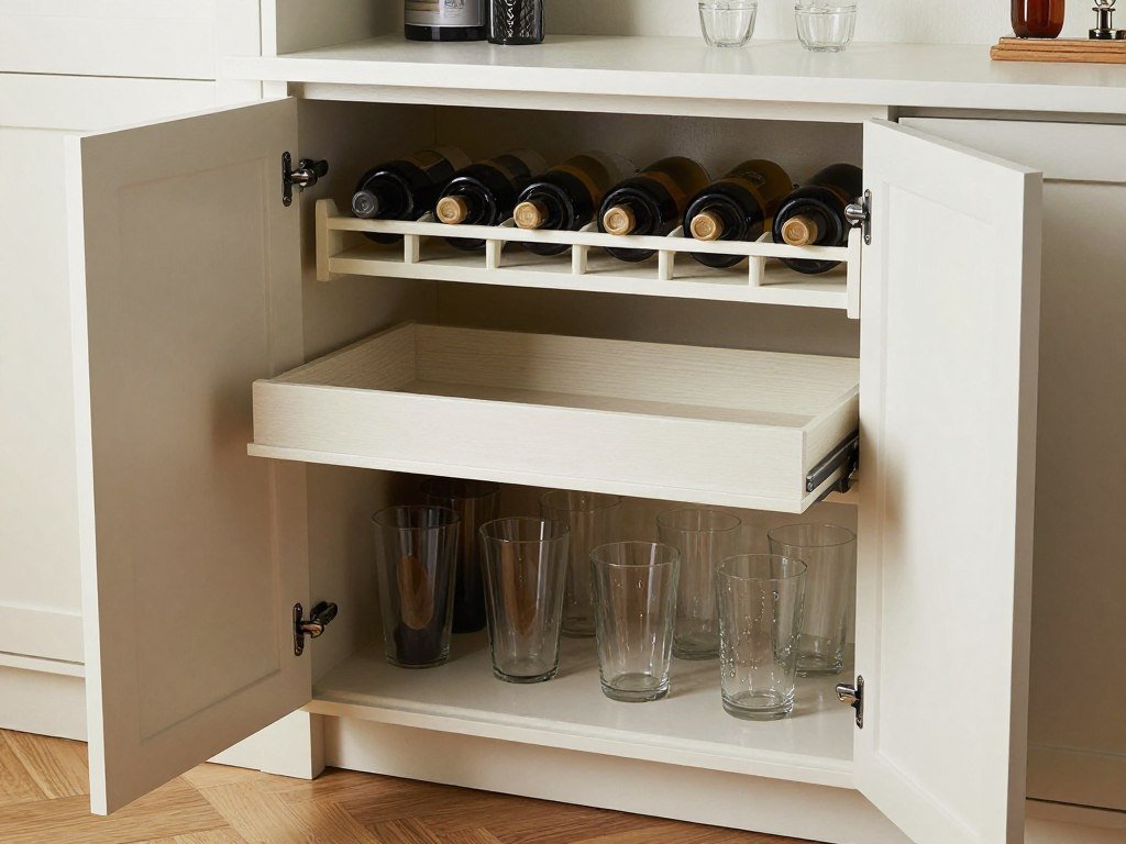 Open armoire showing interior bar organization