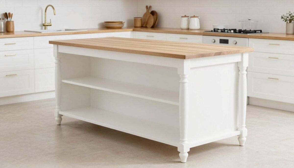 Open base kitchen island with exposed legs and shelving