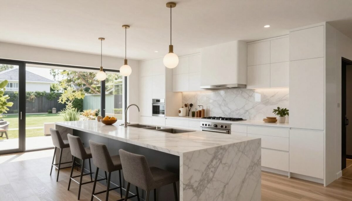 Open concept kitchen with island bar extension and seating