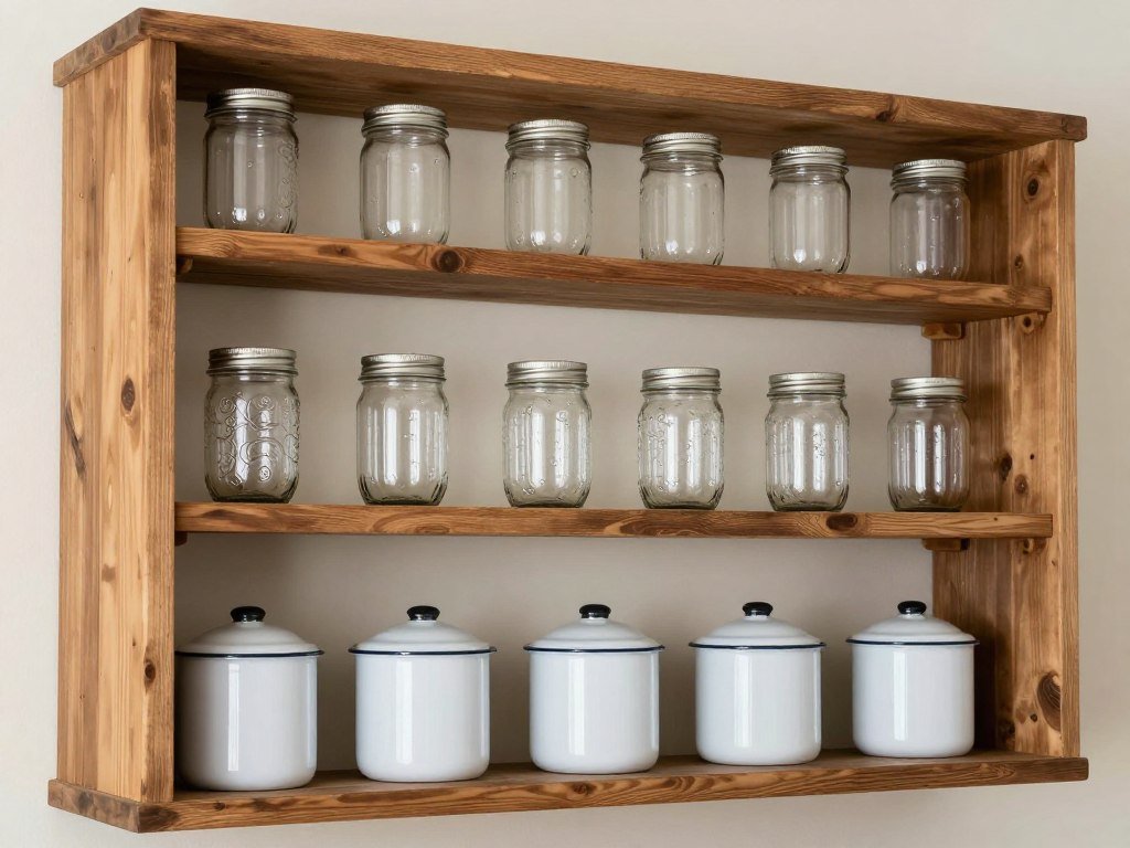 Open shelving with mason jar glasses and vintage bar items