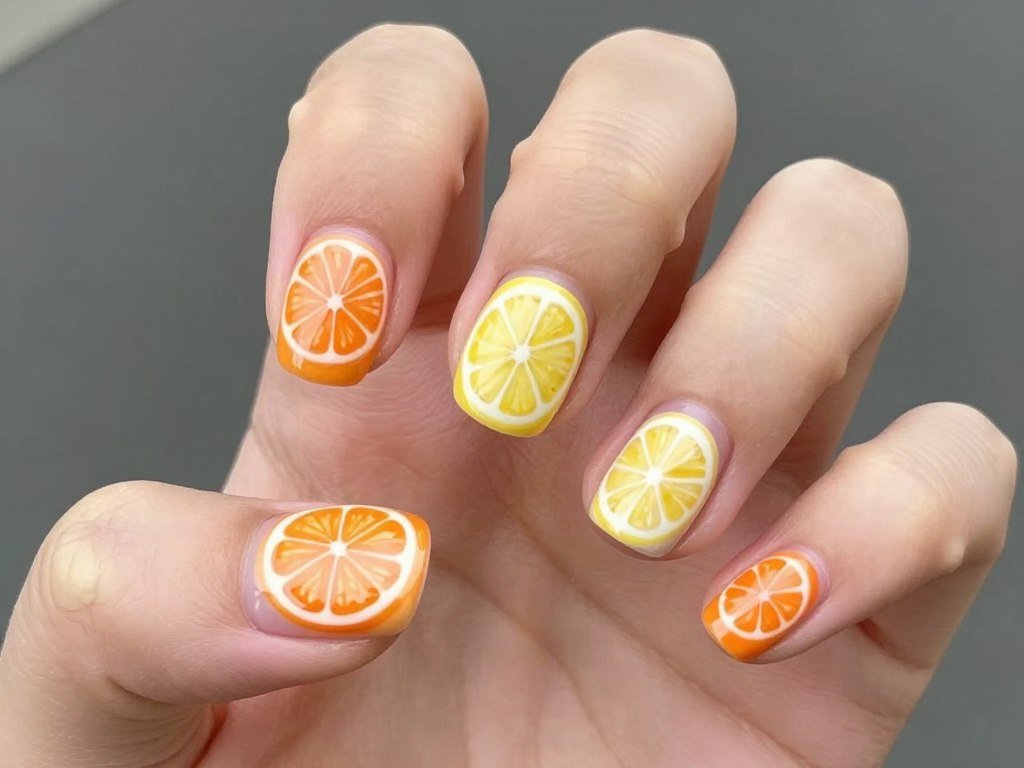 Orange and lemon slice nail art design