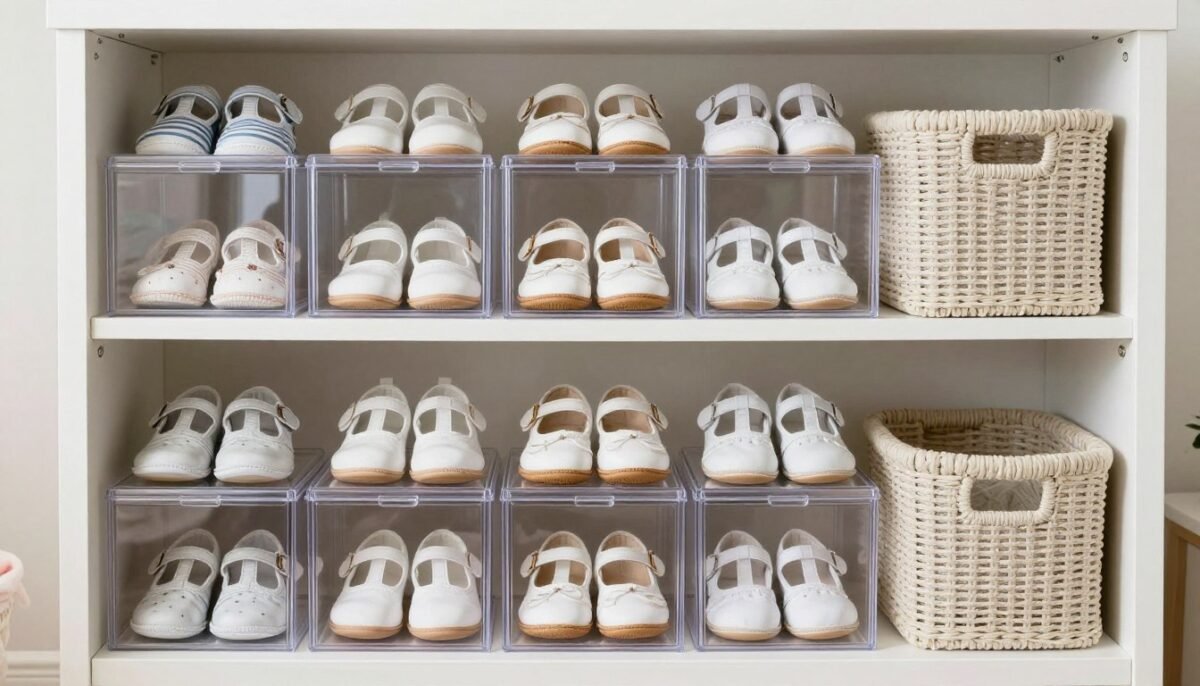 Organized baby shoe storage system with mary janes