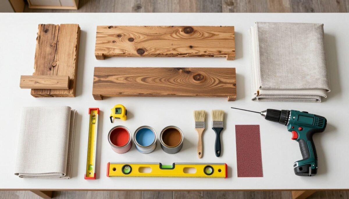 Organized collection of DIY headboard tools and materials including wood, fabric, paint, drill, and measuring tape on a workshop table