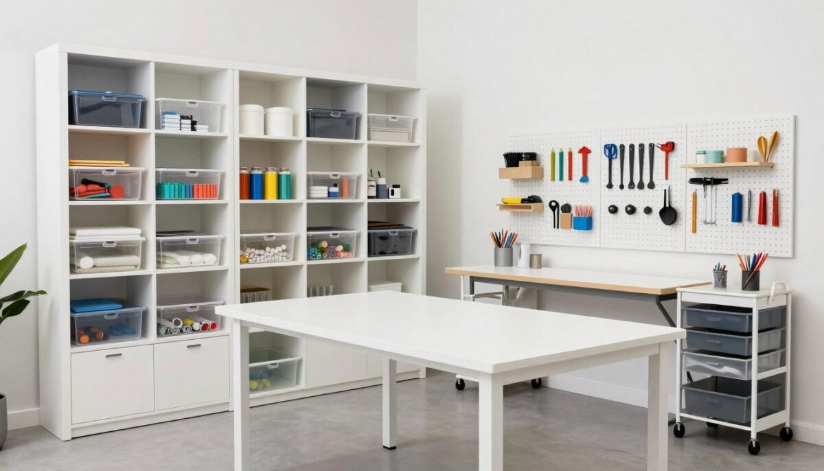 Organized craft room with extensive storage solutions and central work table