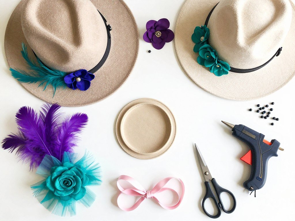 Organized craft supplies for making DIY derby hats including feathers, flowers, and ribbons