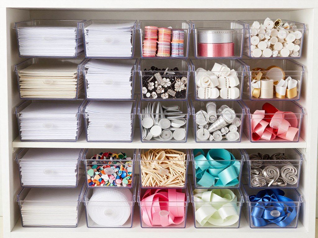 Organized craft supply storage with labeled containers and sorted materials