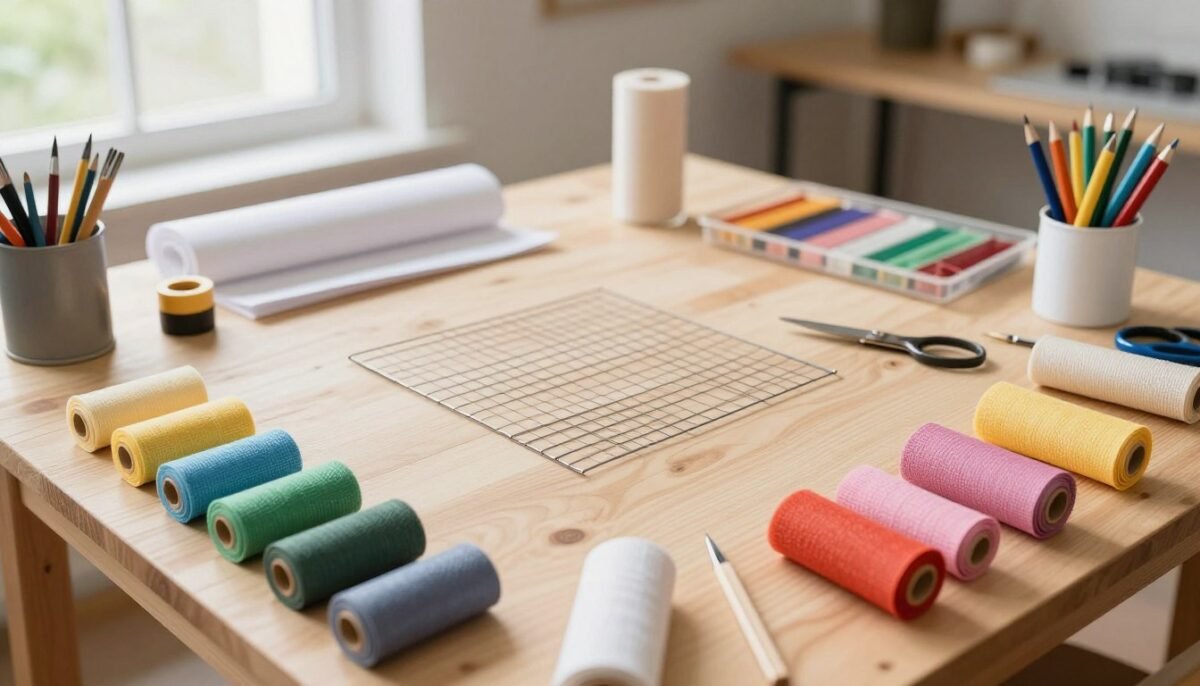 Organized craft workspace with wreath supplies laid out on table