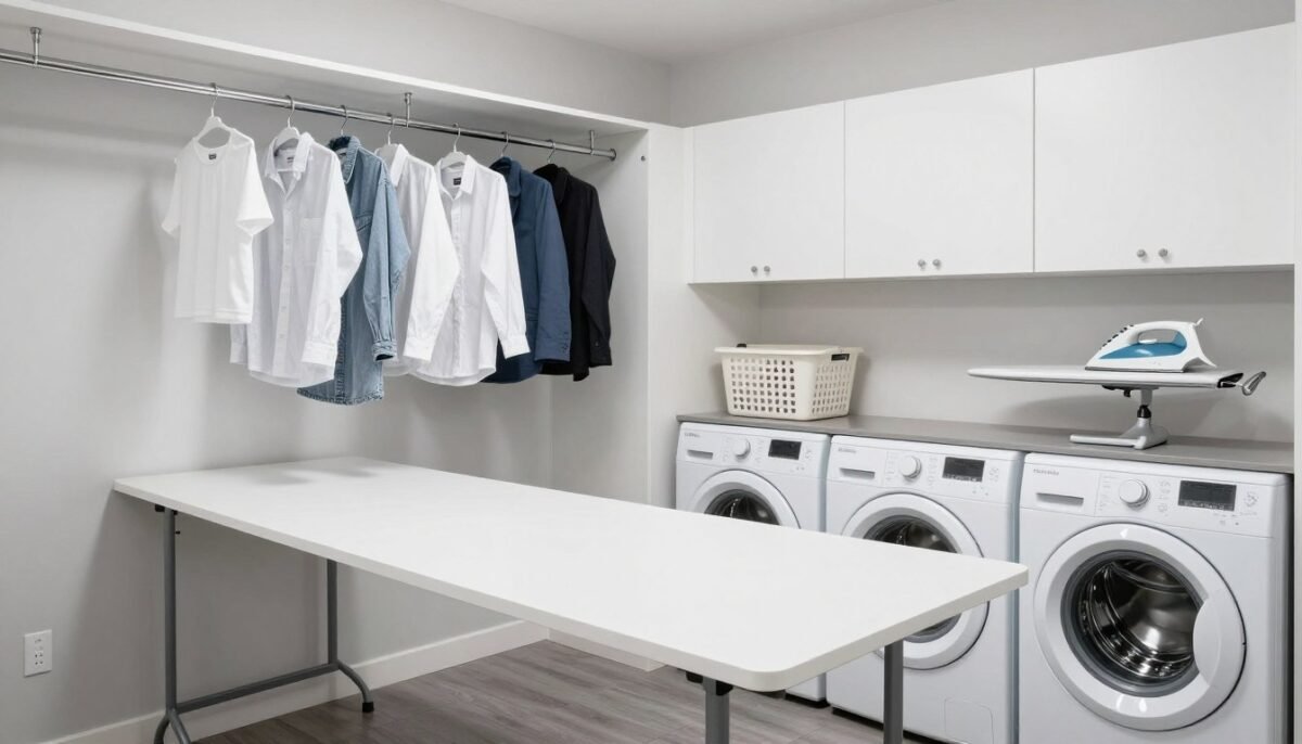 Organized laundry room with folding station and storage solutions