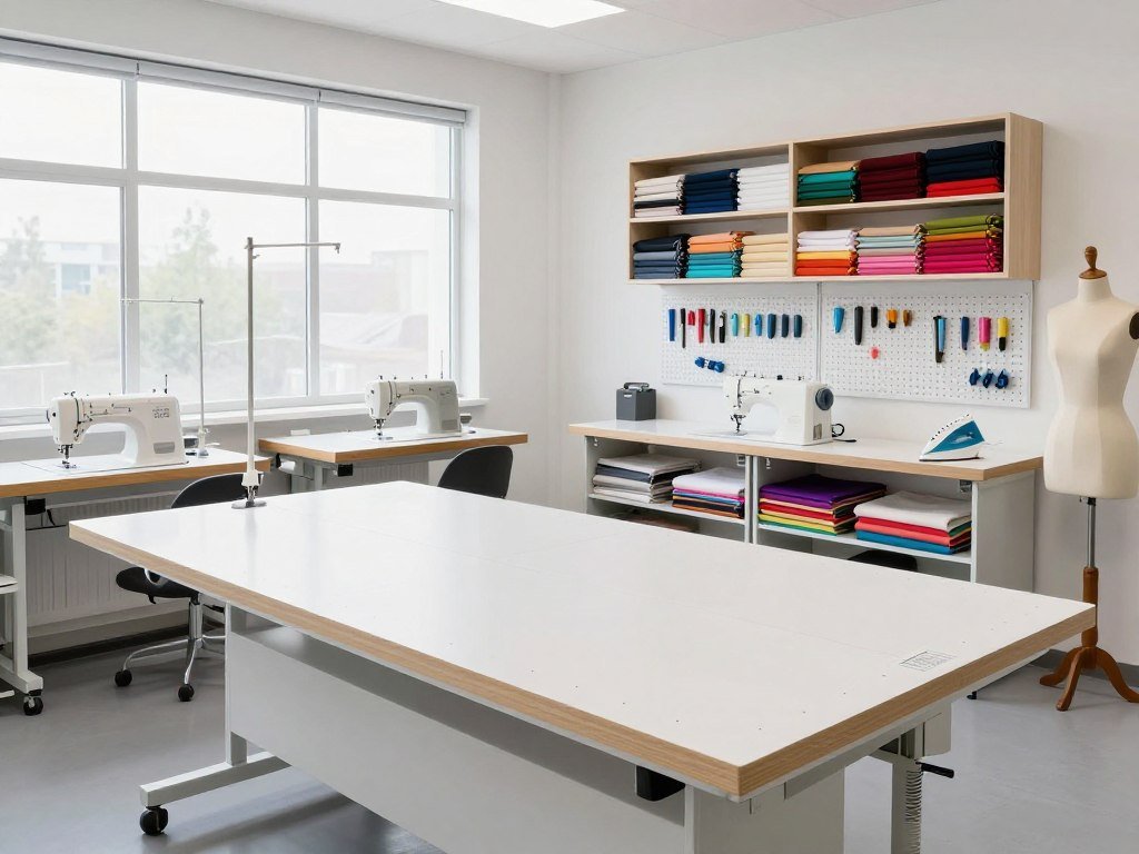 Organized sewing studio with cutting table and fabric storage